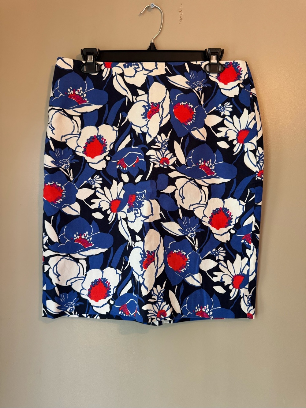 Talbots Blue Floral Pencil Skirt with Red Accents